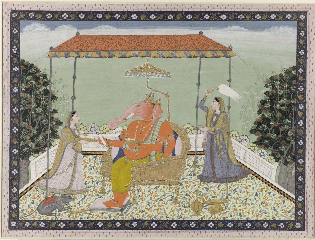 Tanrı Ganesa (Ganapati), iki hizmetçisi Siddhi ve Buddhi ile bir kirişin altına oturmuş fil hortumu ile by Anonymous
