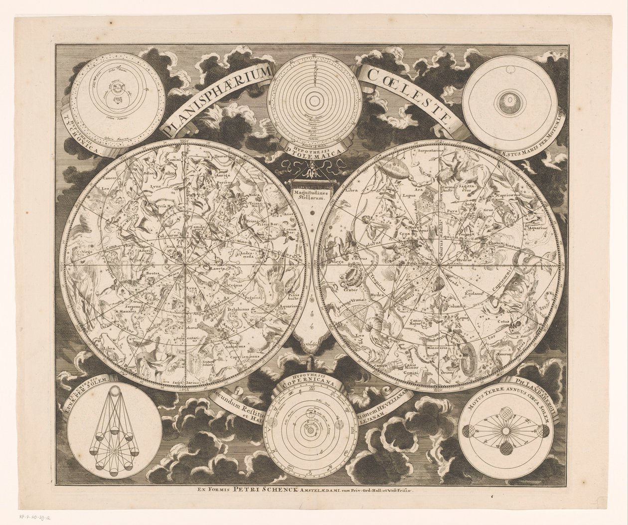 Kuzey ve güney takımyıldızlarını gösteren gökyüzü haritası Planisphaerium coeleste (nesne üzerindeki başlık) by Anonymous