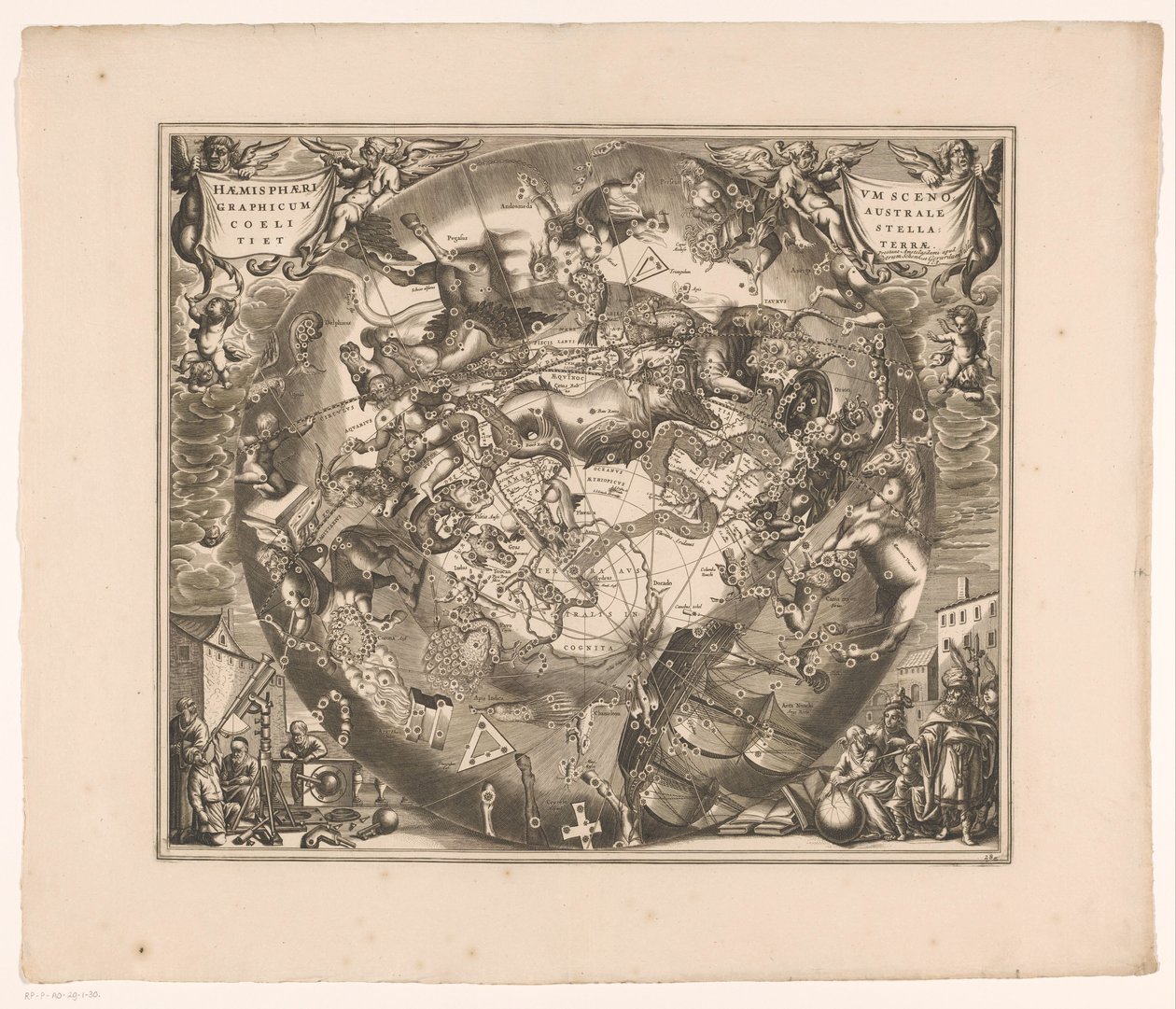 Güney takımyıldızlarını gösteren gökyüzü haritası Haemisphaerium scenographicum australe coeli stellati et terrae (nesne üzerindeki başlık) by Anonymous