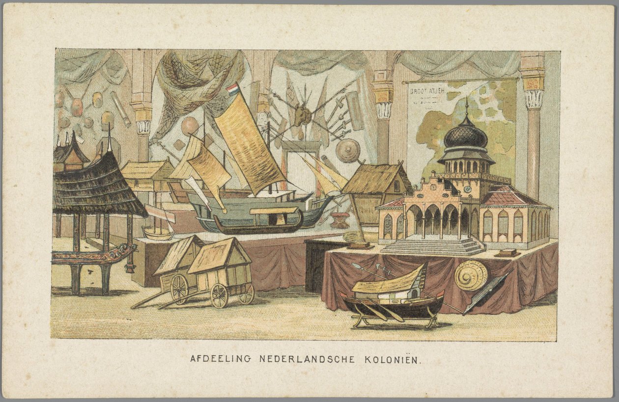 Amsterdam'daki Dünya Sergisinde Hollanda kolonilerinin inşasında, 1883 Hollanda Kolonileri Departmanı (nesne üzerine başlık) 1883'te Amsterdam Hafızası (nesne üzerine seri başlığı) by Anonymous