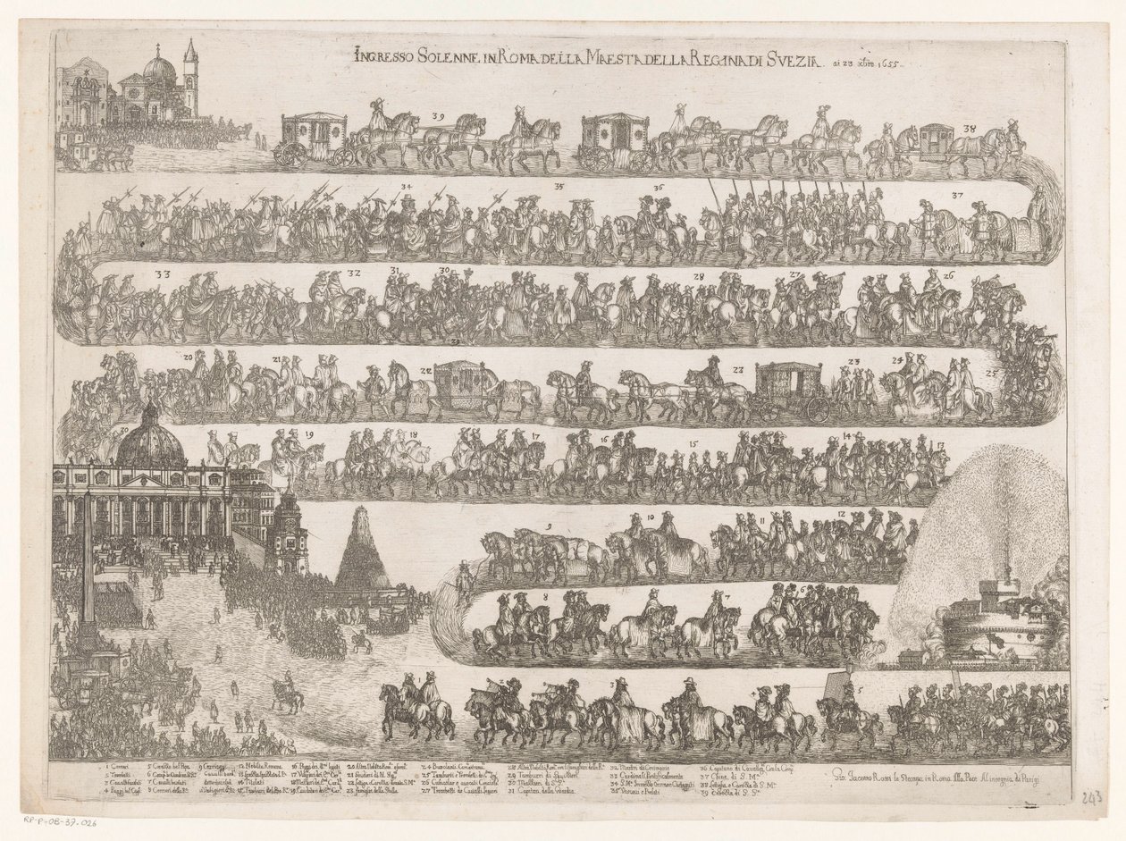 İsveç Kraliçesi Christina'nın Roma'ya girişi Roma della Maestra della Regina di Svezia ai 23 xbre 1655'te Ingresso Solenne (nesne üzerindeki başlık) by Anonymous