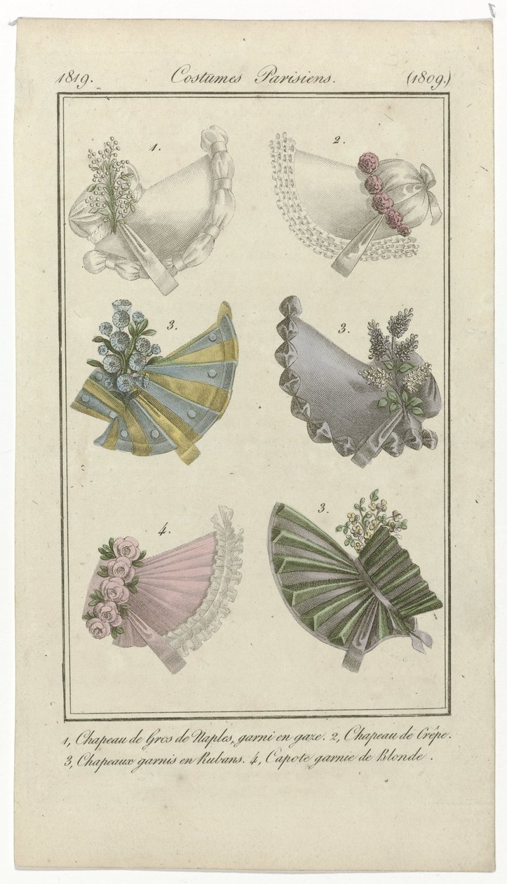 Journal des Dames et des Modes, Costumes Parisiens, 15 Nisan 1819, (1809): 1, Gros de Naples Hat (...) by Anonymous