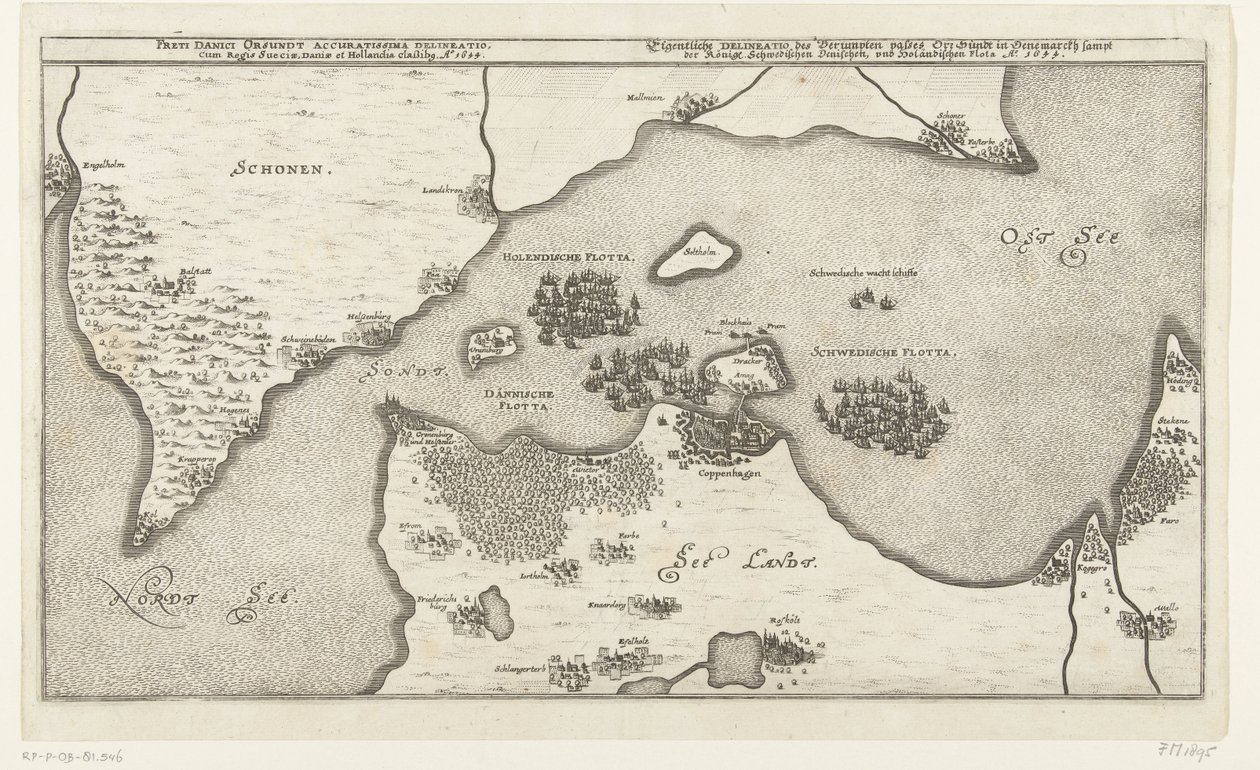 Kaart van de zeeslag tussen de Zweedse en Deense vloten in de Belt, 1644 Orsundt