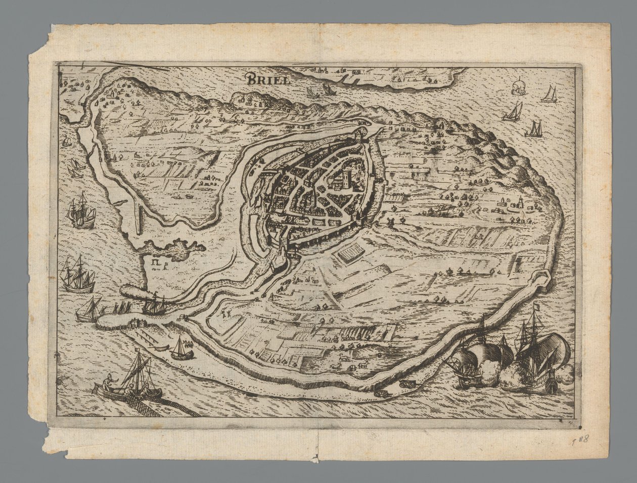 Voorne adasının haritası ve Brielle haritası, 1572 Briel (nesnedeki başlık) by Anonymous