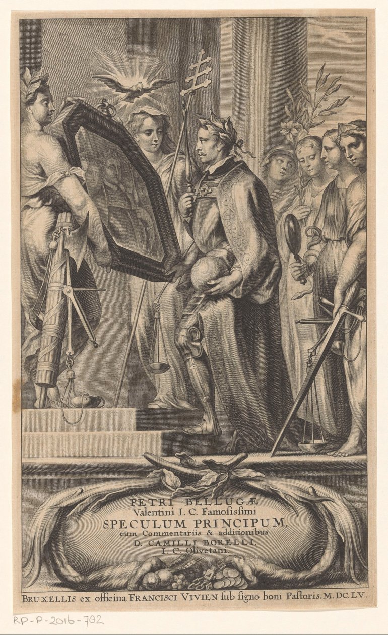 King, Adalet ve İnanç tarafından bir aynaya tutuluyor Başlık sayfası: Petrus Belluga ve Camillo Borello, Speculum principum, 1655 by Anonymous