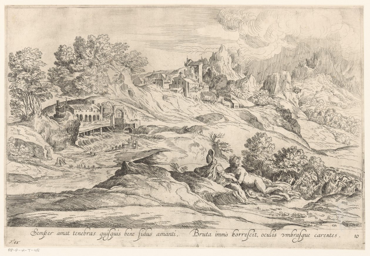 Landschap minnend paar ile bir araya geldi Ona sadık olan, karanlığı sever, her zaman onu sever / Brutus bile titriyor, gözleri ve gölgeleri yok (nesne üzerindeki başlık) Landschappen naar Domenico Campagnola (dizi adı) by Anonymous