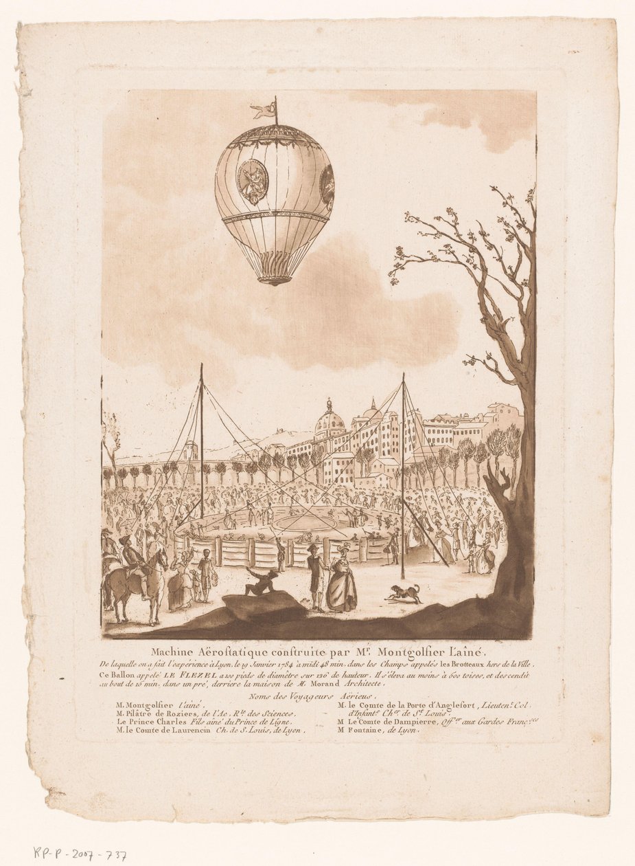Luchtballon, Le Flezel, van Joseph-Michael Montgolfier the Elder buiten Lyon Bay Montgolfier the Elder tarafından yapılan aerostatik makine (nesne üzerindeki başlık) by Anonymous