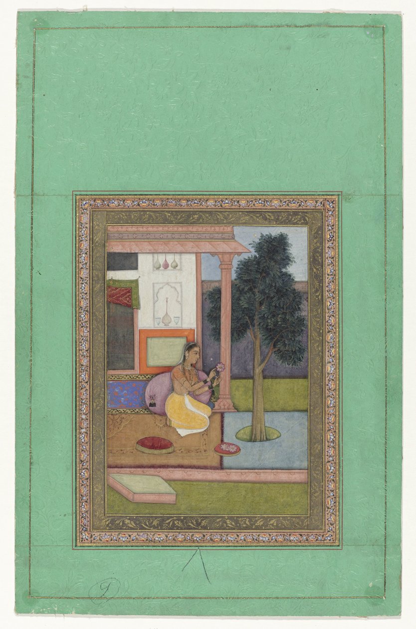 Malavashri ragini, bir evin önünde nilüfer çiçeğiyle diz çökmüş kadın by Anonymous
