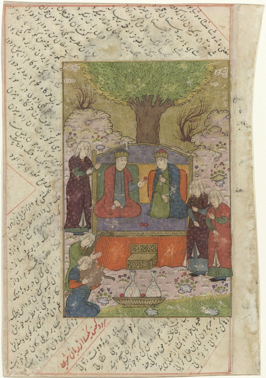 Bir bahçede tahtta oturan kadın ve erkek, önlerinde iki müzisyen ve üç hizmetçi Nizami