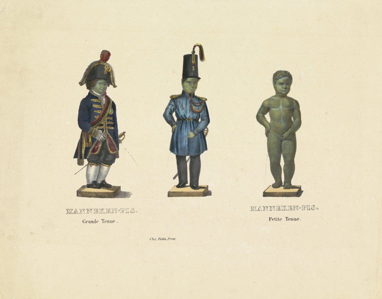 Manneken Pis farklı kıyafetler içinde, 1817 Manneken-Pis. Büyük kıyafet. Manneken-Pis. Petite Outfit (nesne üzerindeki başlık) by Anonymous