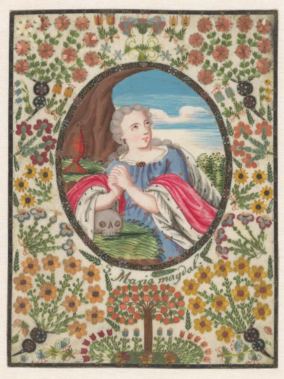 Etrafında çiçek kenarlığı olan oval bir Mary Magdalene by Anonymous