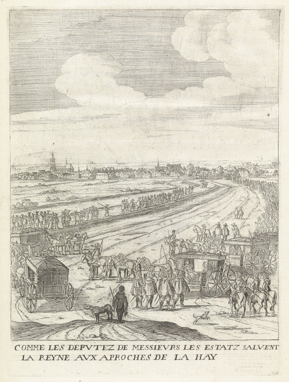 Maria de' Medici'nin babası, buiten de Poorten van Den Haag Beyefendilerin vekilleri olarak, eyaletler kraliçeyi Hay'a yaklaşırken selamlarken (nesnedeki başlık) Kraliçenin, En Hıristiyan Kralın annesinin Birleşik Krallık'a girişinin öyküsü by Anonymous