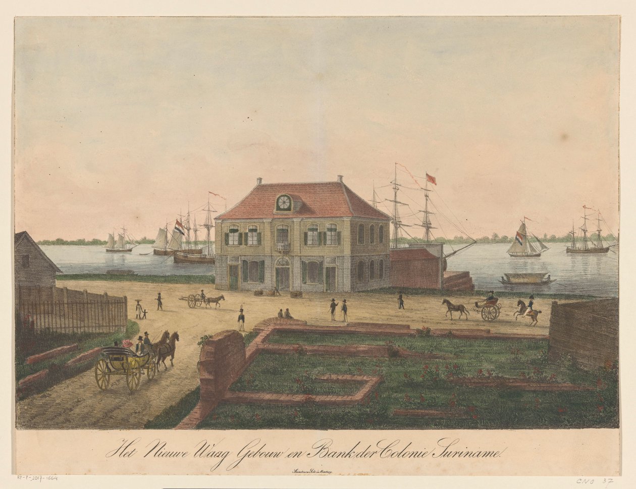 Nieuwe Waag, Paramaribo'daki Sahilde Nieuwe Waag Binası ve Colonie Surinam Bankası (nesnedeki başlık) by Anonymous
