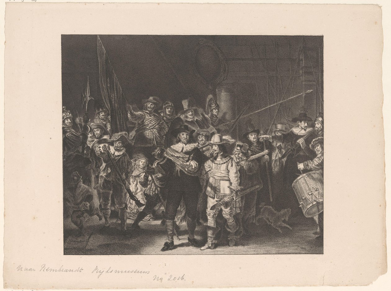 Kaptan Frans Banninck Cocq ve 'Gece Nöbeti' olarak bilinen Teğmen Willem van Ruytenburch liderliğindeki Amsterdam'daki II. Bölge'nin memurları ve diğer silahlı adamları by Anonymous