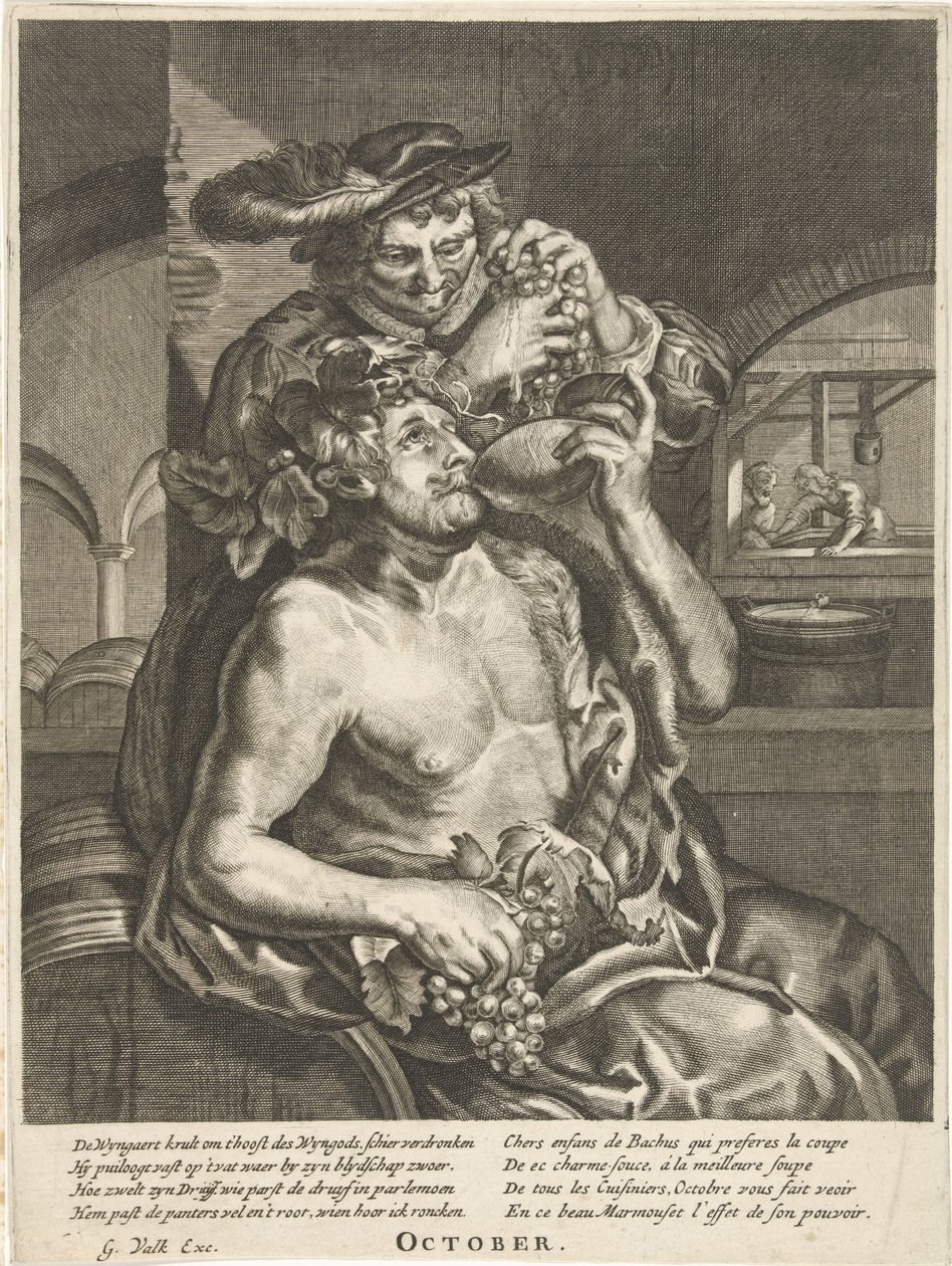 Ekim: Bacchus şarap içiyor Ekim (nesne üzerindeki başlık) On İki Ay (dizi adı) by Anonymous