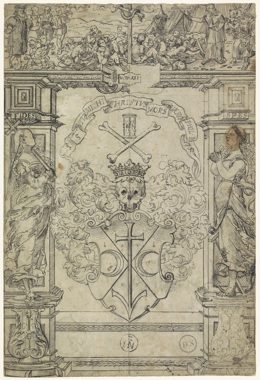 Silahlı bir vitray pencere tasarımı, Fides ve Spes figürleri, Musa ve pirinç yılan by Anonymous
