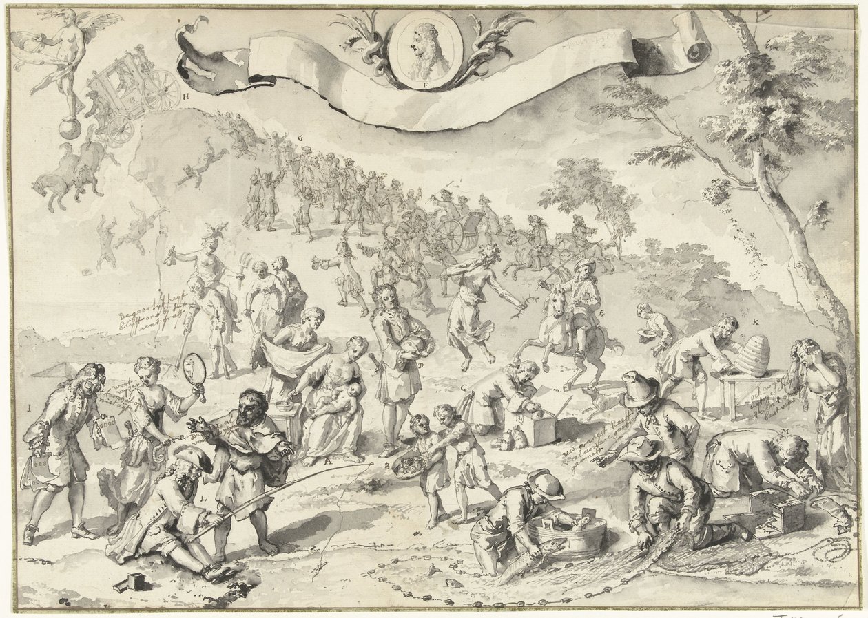 Baskı için tasarım çizimi Greed Fortuna'yı geçmeye çalışır, 1720 Het Groote Tafereel der Foolishness (seri başlığı) by Anonymous