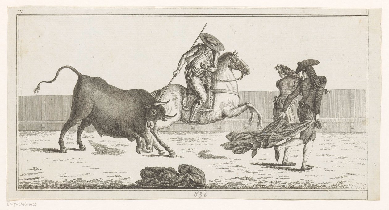 Picador mızrağını boğaya sapladı Coleccion de las Principales suertes de una corrida de toros (nesne üzerinde seri başlığı) En önemli boğa güreşi manevralarının toplanması (seri başlığı) by Anonymous