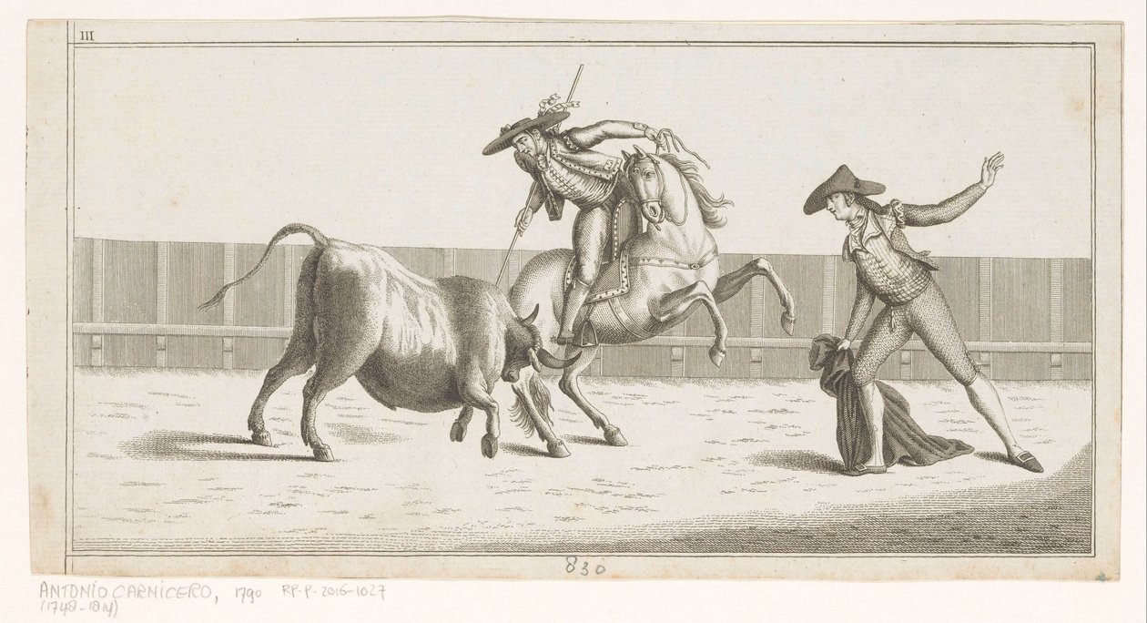 Picador mızrağını boğaya sapladı Coleccion de las Principales suertes de una corrida de toros (nesne üzerinde seri başlığı) En önemli boğa güreşi manevralarının toplanması (seri başlığı) by Anonymous