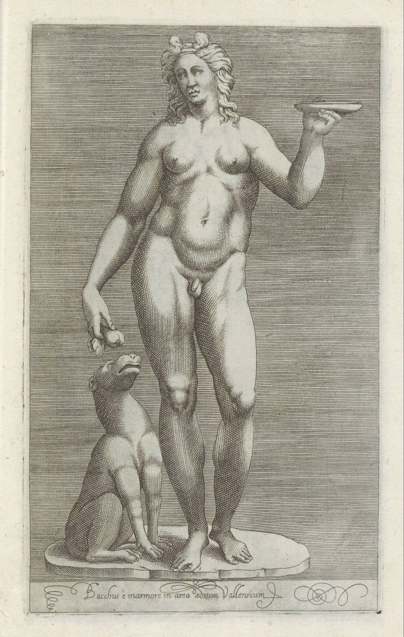 Heykeltıraş van Bacchus en een hond Bacchus, Vallenian tapınağının mermer zeminindedir (nesne üzerindeki başlık) Roma'da yontulmuş Antieke (dizi başlığı) Roma şehrinin halka açık yerlerde görünen antik heykellerinin simgeleri (dizi başlığı) by Anonymous