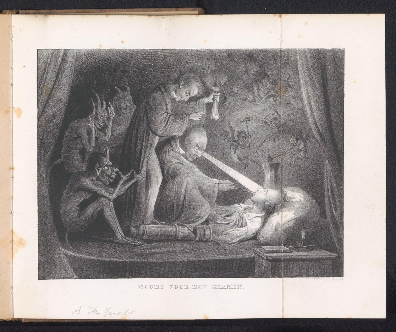 Leiden öğrenci almanağında karikatür, 1844 Sınavdan önceki gece (nesne üzerindeki başlık) by Anonymous