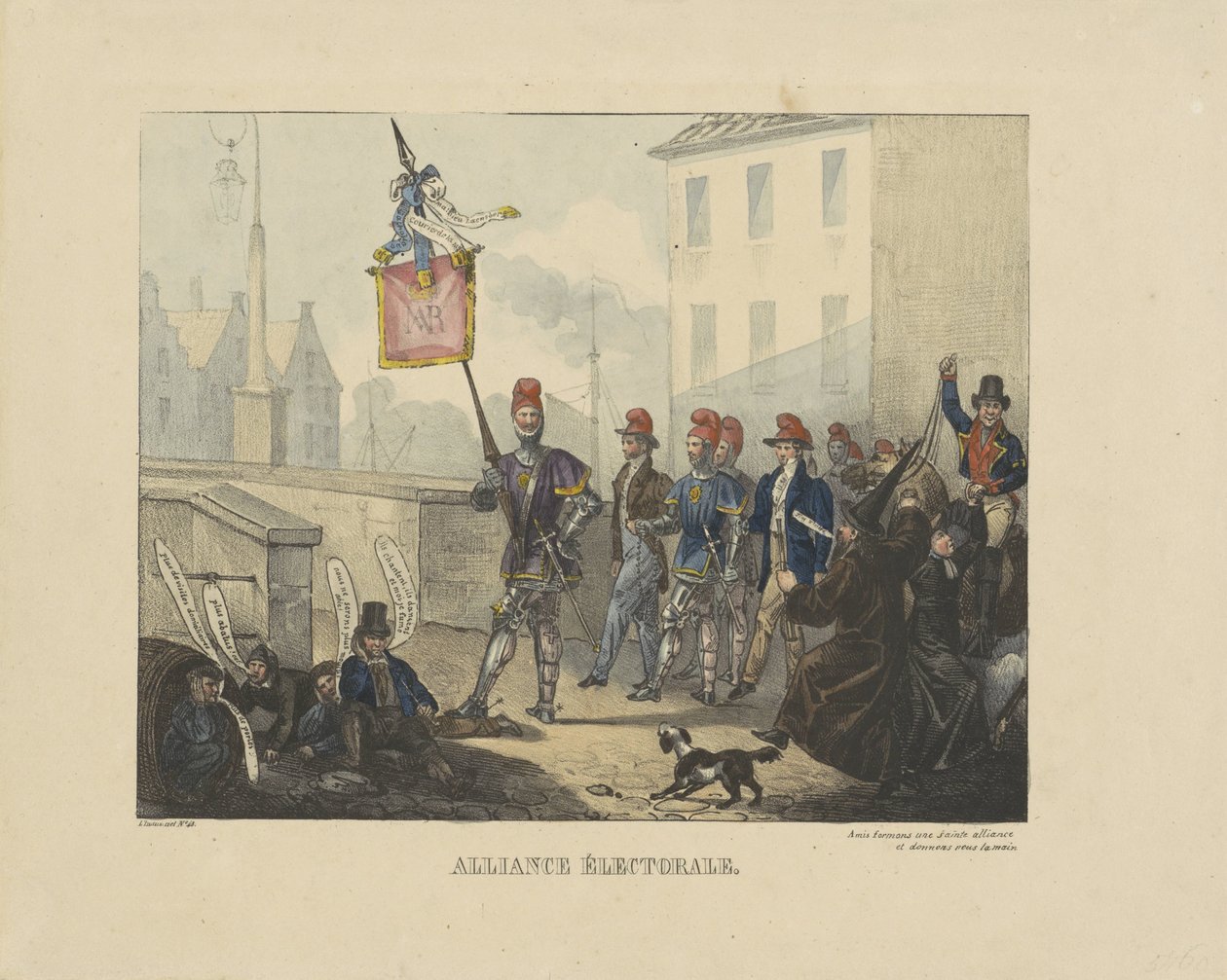 Roma ruhani partisi ile liberal parti arasında Hollanda hükümetine karşı yapılan ittifakın karikatürü, 1828 İttifak Seçimi (nesne üzerindeki başlık) by Anonymous