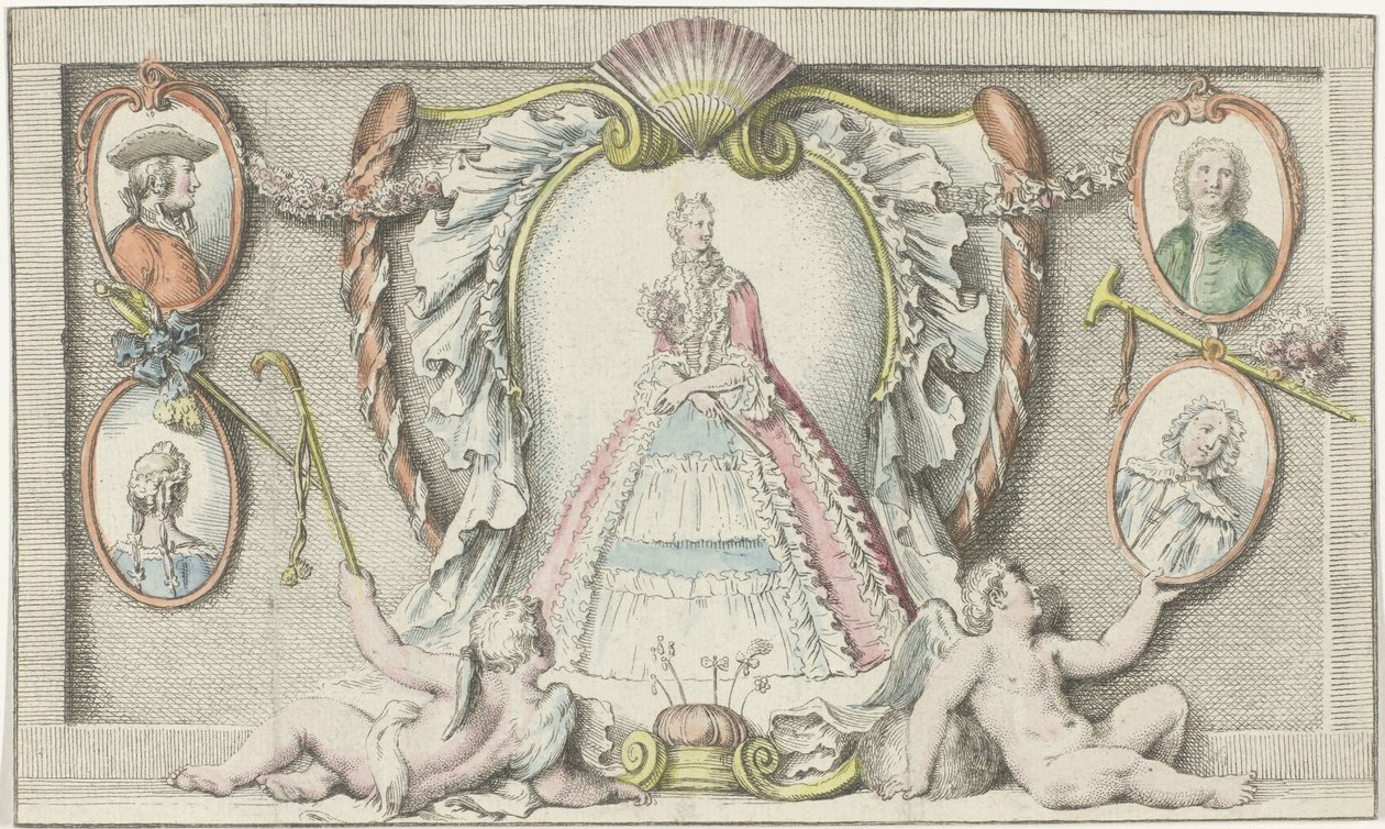 Ayakta duran kadın, iki putti ve dört madalyon Modes de 1730 Mercure de France (seri başlığı) by Anonymous