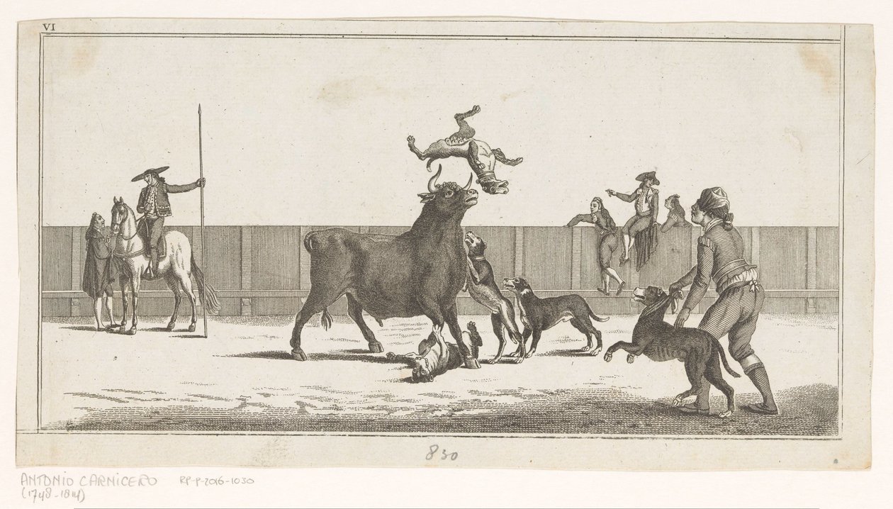 Köpeklerin saldırısına uğrayan boğa Coleccion de las Principales suertes de una corrida de toros (nesne üzerinde seri başlığı) En önemli boğa güreşi manevralarının toplanması (seri başlığı) by Anonymous
