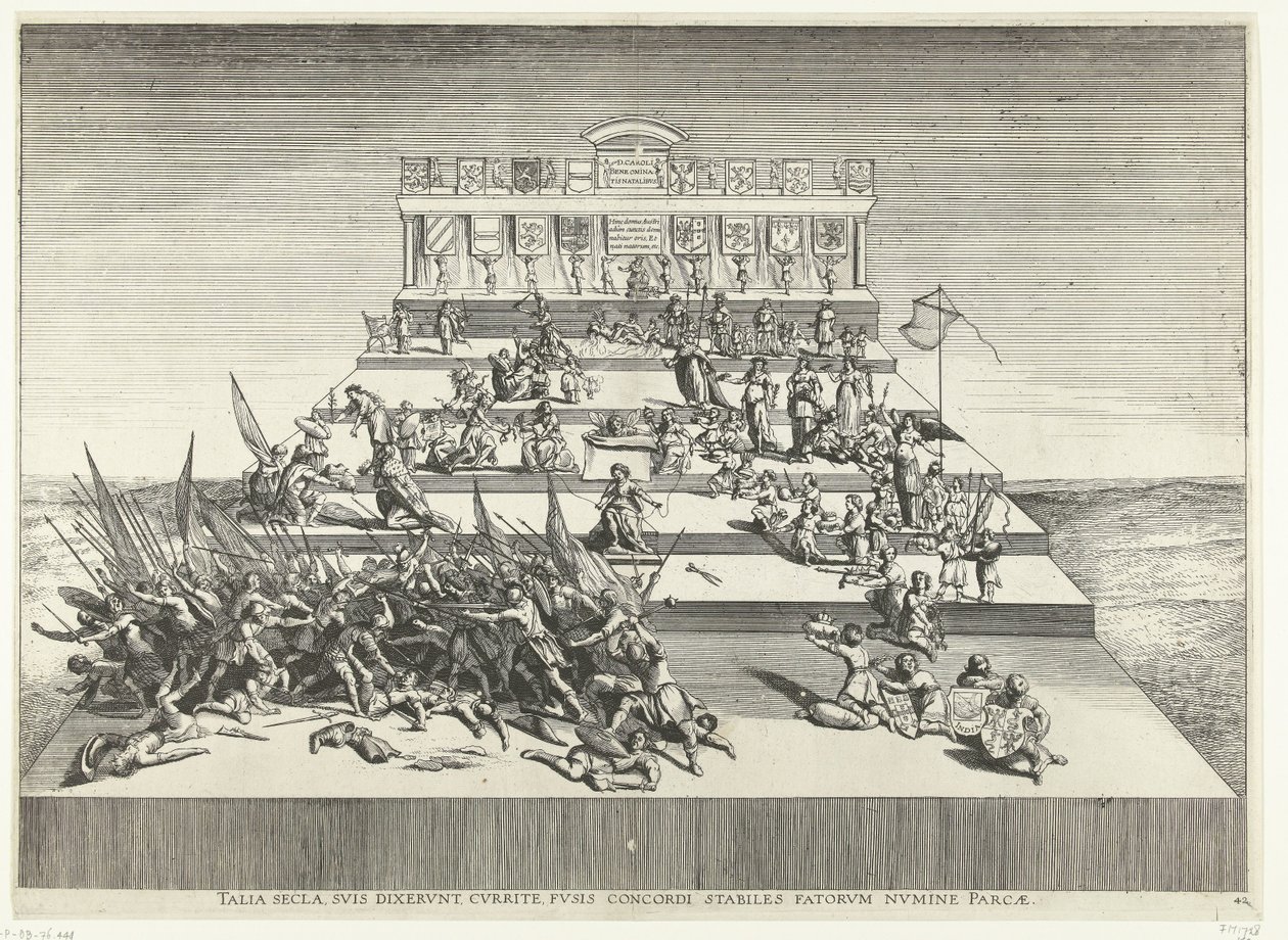 Oorlog en vrede üzerinden Toneelvoorstelling; intocht van Ferdinand te Gent, 1635 (nr. 42) Böyle yaşlar, dediler takipçilerine, Koş Charles V Genethliacon Tiyatrosu by Anonymous