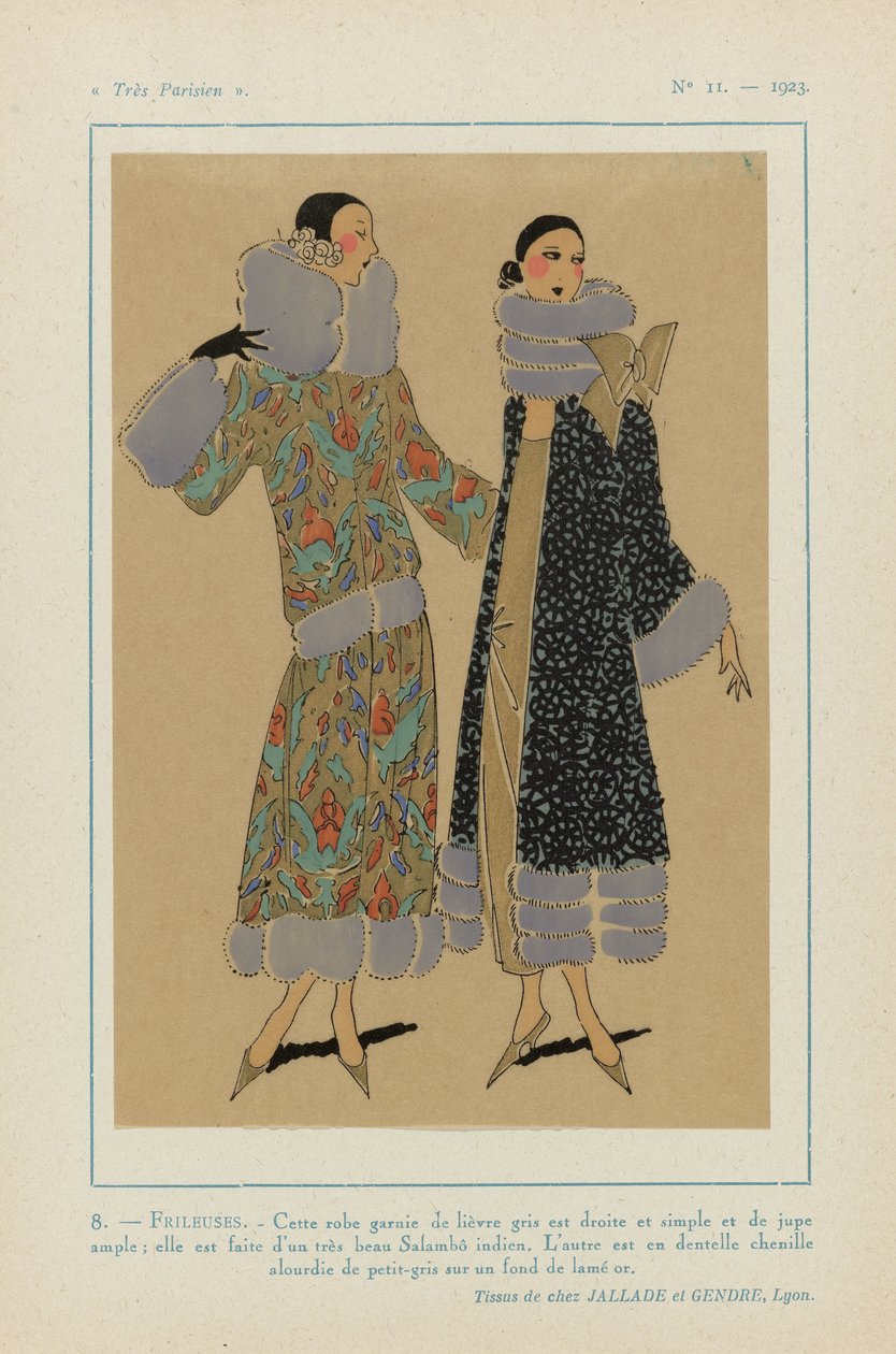 Çok Parisli, 1923, No 11: 8. - FRILEUSES. - Gri tavşanla süslenmiş bu elbise... by Anonymous