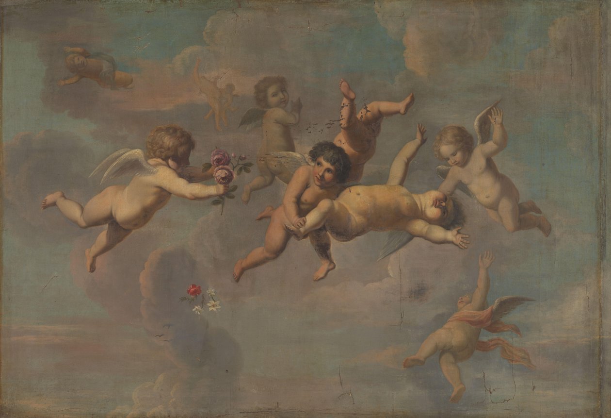 Çiçeklerle Yuvarlanan Putti by Anonymous