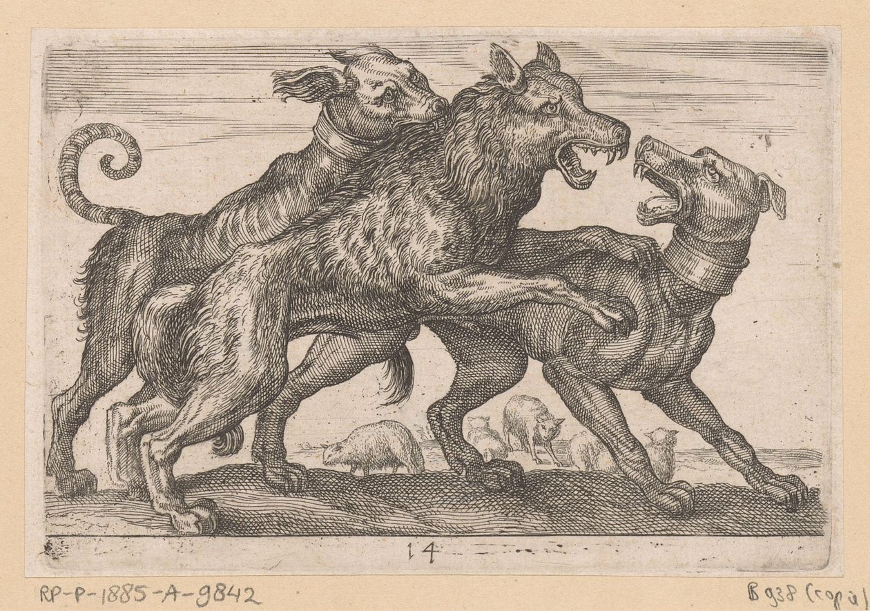 Bir kurtla savaşan iki köpek Fighting Animals (kopyalar) (dizi adı) by Anonymous