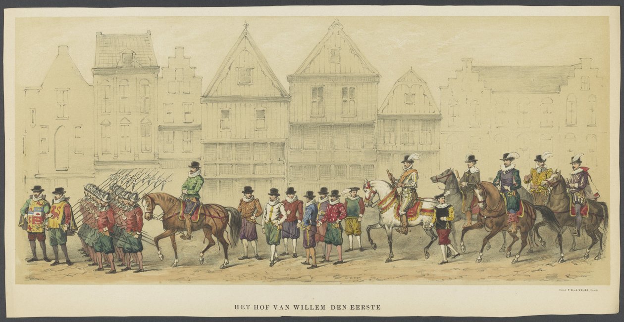 Utrecht maskeli balo, d plakası: mahkeme, 1856 Birinci William Mahkemesi (nesne üzerine başlık) Hollanda Özgürlüğünün Kurucuları, (William I zamanında) H.H. Utrecht öğrenci birliğinin üyeleri, 220. yıldönümünü kutlamak için by Anonymous
