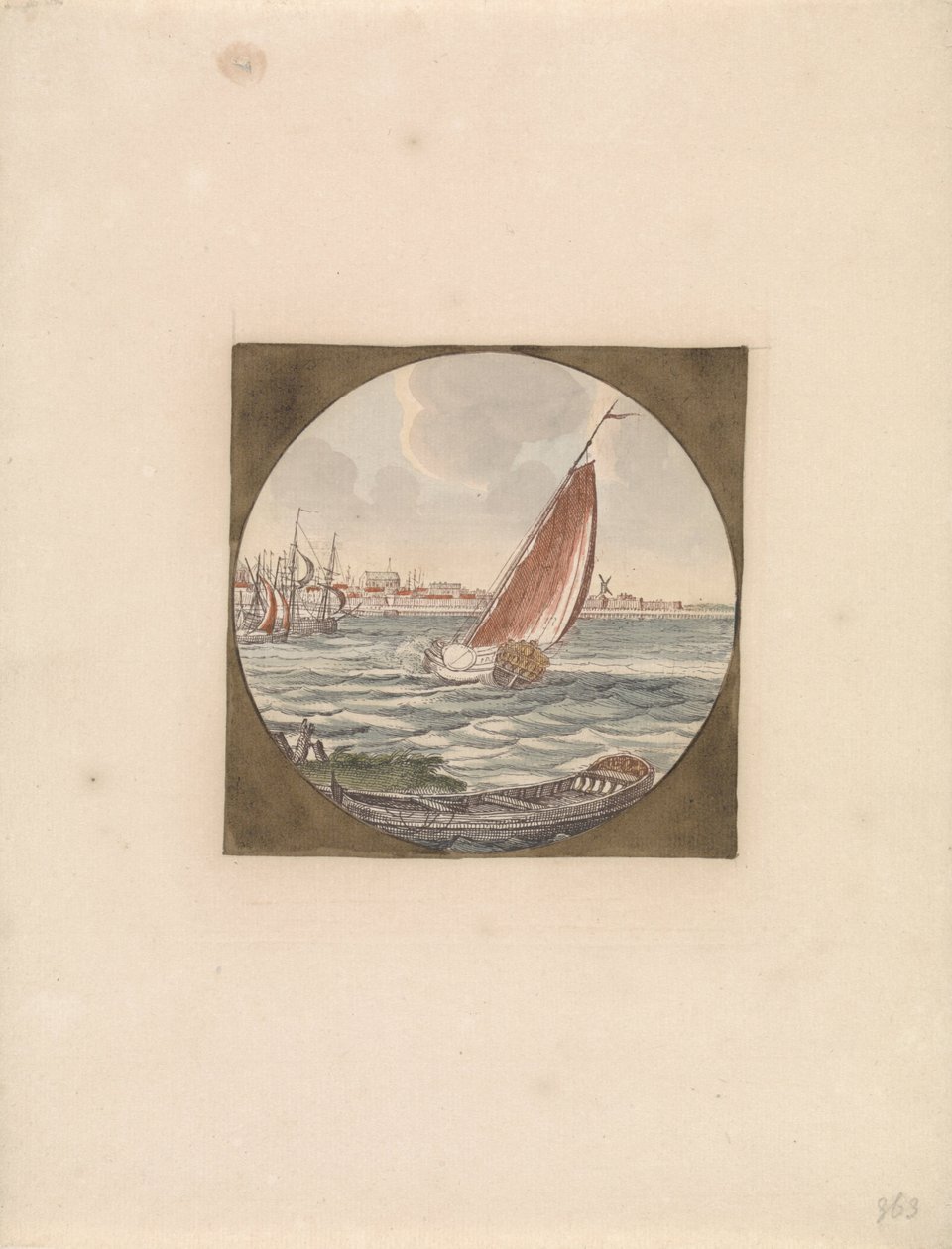 Denizde yelkenli yelkenli gemi ve ön planda bir sloop Denizde Gemiler (seri B) (seri başlığı) by Anonymous