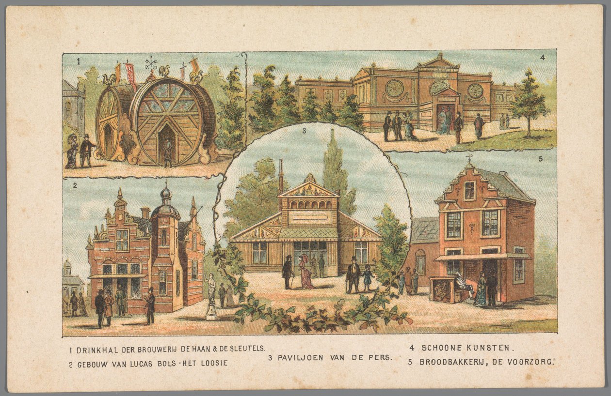 Amsterdam'daki Dünya Sergisinde Beş Pavyon, 1883 1 De Haan & De Sleutels bira fabrikasının içme salonu. 2 Lucas Bols'un binası - Het Loosie. 3 Basın Pavyonu. 4 Güzel Sanatlar. 5 Ekmek fırını De Voorzorg. (nesne üzerindeki başlık) Hatırlatma aa by Anonymous