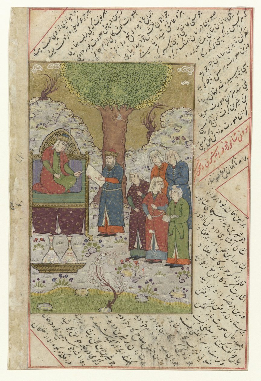 Bir adama hitap eden bir tahtta kadın, arkasında beş hizmetçi Nizami