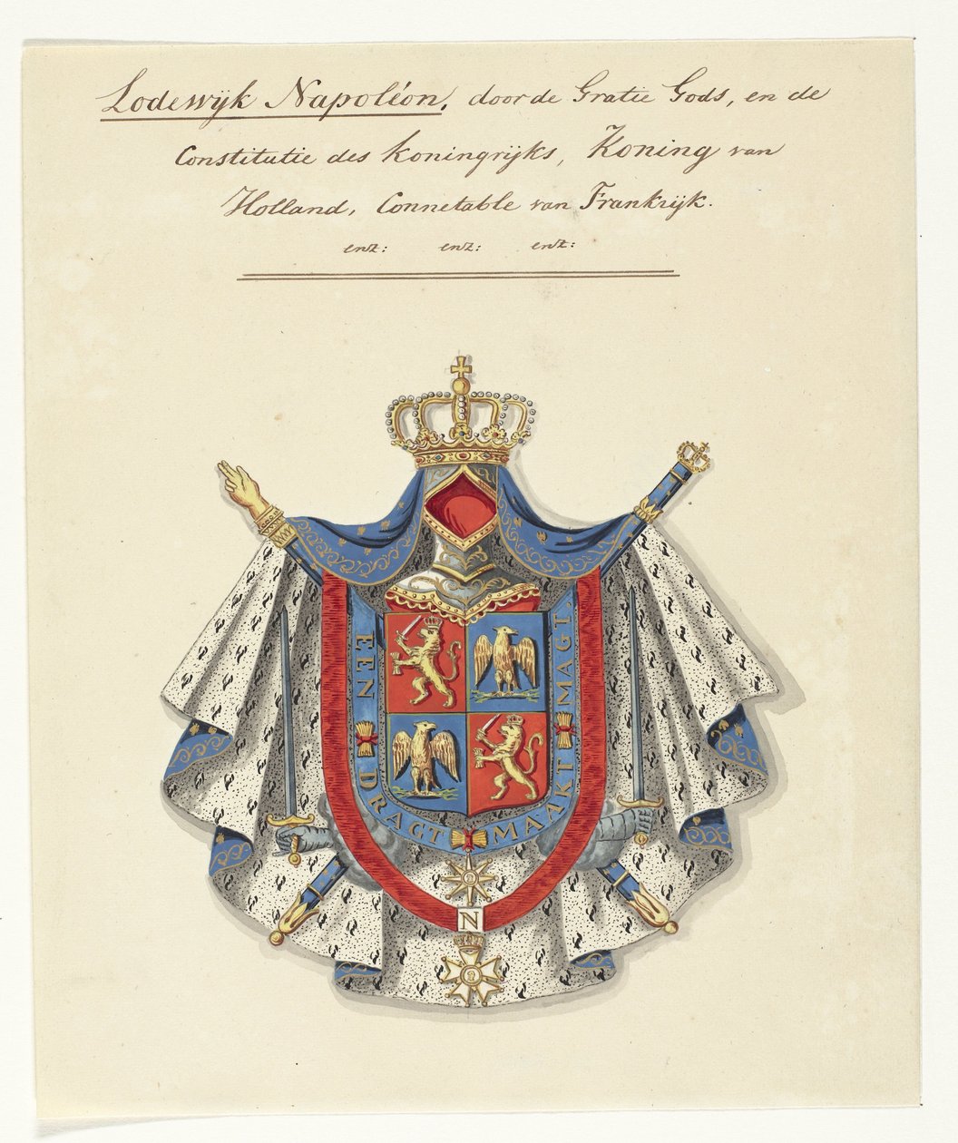 Tanrı'nın lütfuyla Louis Napoleon Bonaparte, Hollanda Kralı Louis Napoleon'un arması ve krallığın anayasası, Hollanda kralı, Fransa'ya bağlanabilir (nesne üzerindeki başlık) by Anonymous