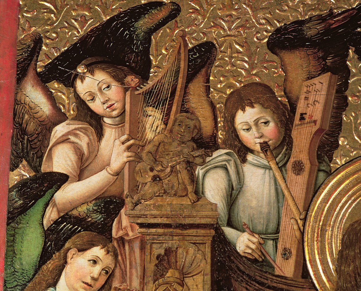 126-0035385 Zaragoza Şehidi St. Vincent'a adanmış bir Sunağın Merkez Paneli, Arp, Flüt ve Gitar Çalan Meleklerin detayı, c.1466-87 by Anonymous Anonymous