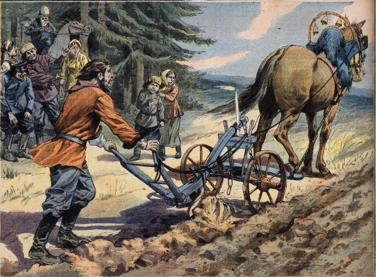 Bir Rus köylüsü, üzerine mum serilmiş bir pulluk yardımıyla tarlayı sürüyor. Conte de Easter “Le Petro Parisien” gazetesinden gravür, 19/04/1908. Özel koleksiyon. by Anonymous Anonymous