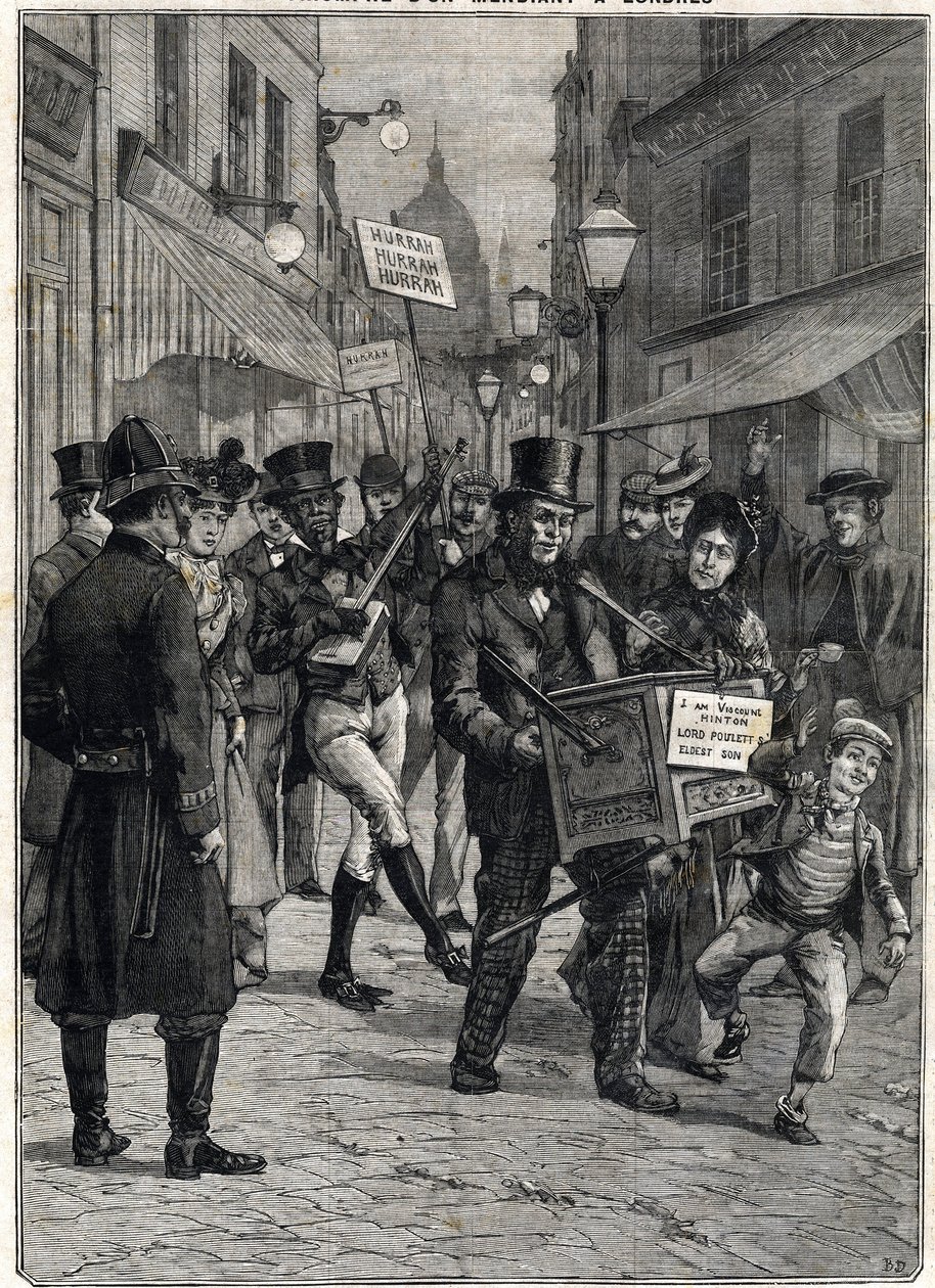 Londra sokaklarında barbar bir org çalan Vikont Hinton adlı bir dilenci, servetini kendisine kiralayan babası Lord Poulett'in ölümünden sonra milyoner oldu. Oymak. 12/02/1899 tarihinde “” Le Petite Parisien”de. Özel koleksiyon. by Anonymous Anonymous