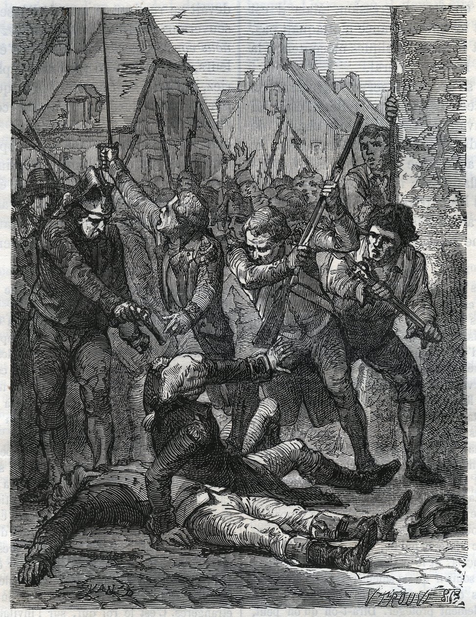 Fransız devrimi döneminden bir sahne: Theobald de Dillon (1745-1792) ve Berthois adında bir cin subayı, kendilerini vatana ihanetle suçlayan askerler ve Lille halkı tarafından katledilir. "Histoire de la Revolution fr"de 1866
