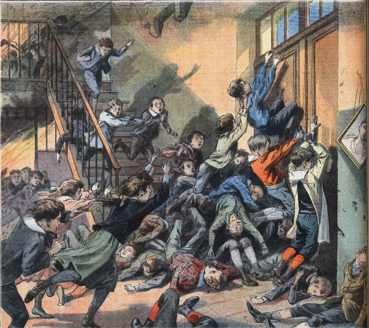 Cleveland'da (ABD) bir okul yandı. “Le Petite Parisien” gazetesinden gravür, 22/03/1908. Özel koleksiyon. by Anonymous Anonymous
