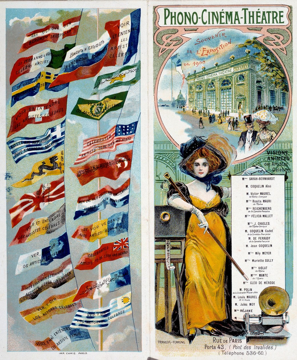 Reklam: Fono - sinema - tiyatro: ünlü sanatçıları görün ve duyun. 1900 Dünya Sergisinde farklı ülkelerin bayraklarıyla yayınlanan kromolitografi. Paris, Musee Carnavalet - Afiş reklamı “” Fono - sinema - tiyatro: f