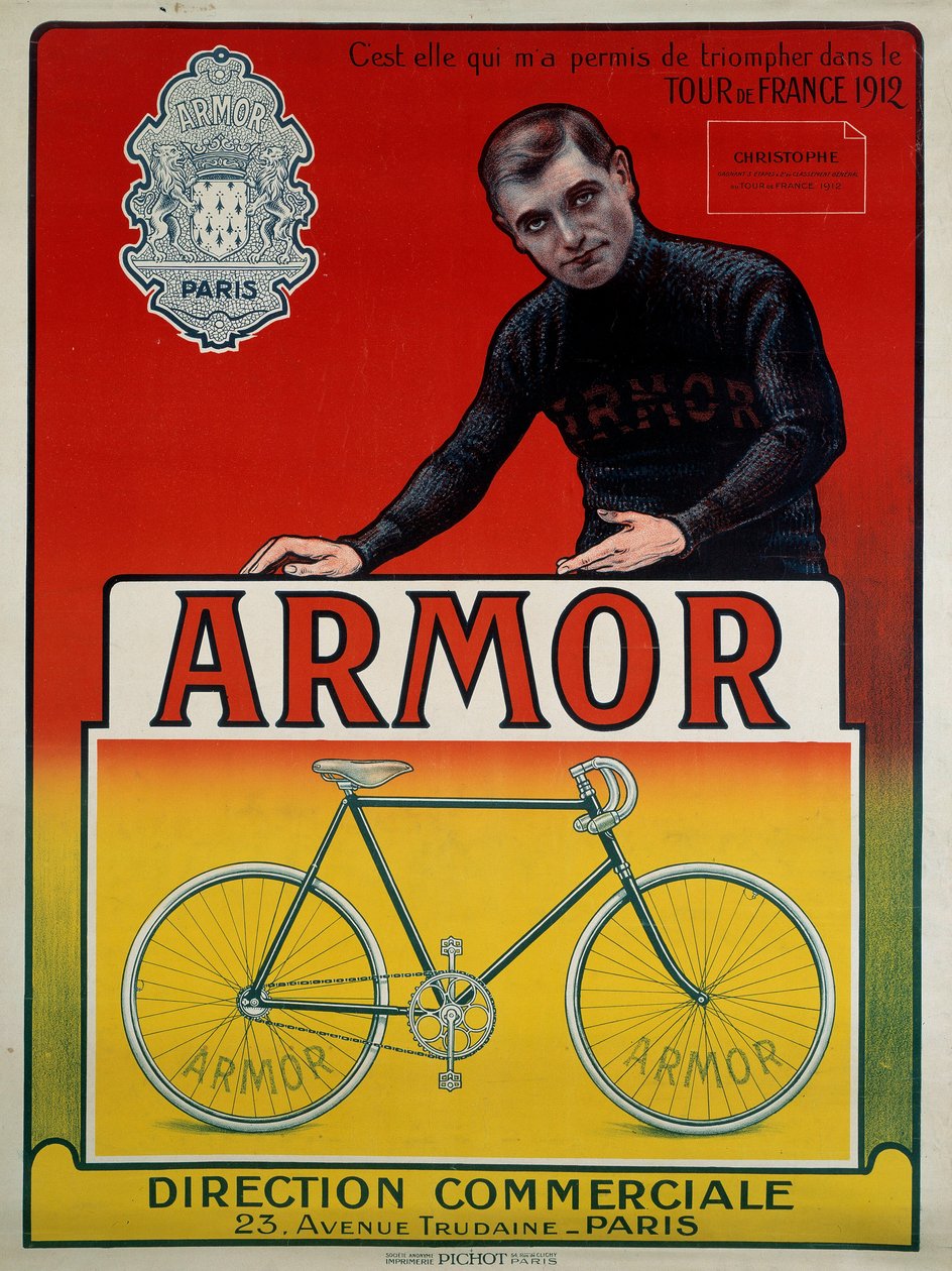 Bisikletçi Eugene Christophe (1885-1970), 3 etap galibi ve 1912 Fransa Bisiklet Turu genel klasmanında 2. olan “Zırh” bisikleti için reklam afişi: “” 1912 Fransa Turu, 20. yüzyıl by Anonymous Anonymous