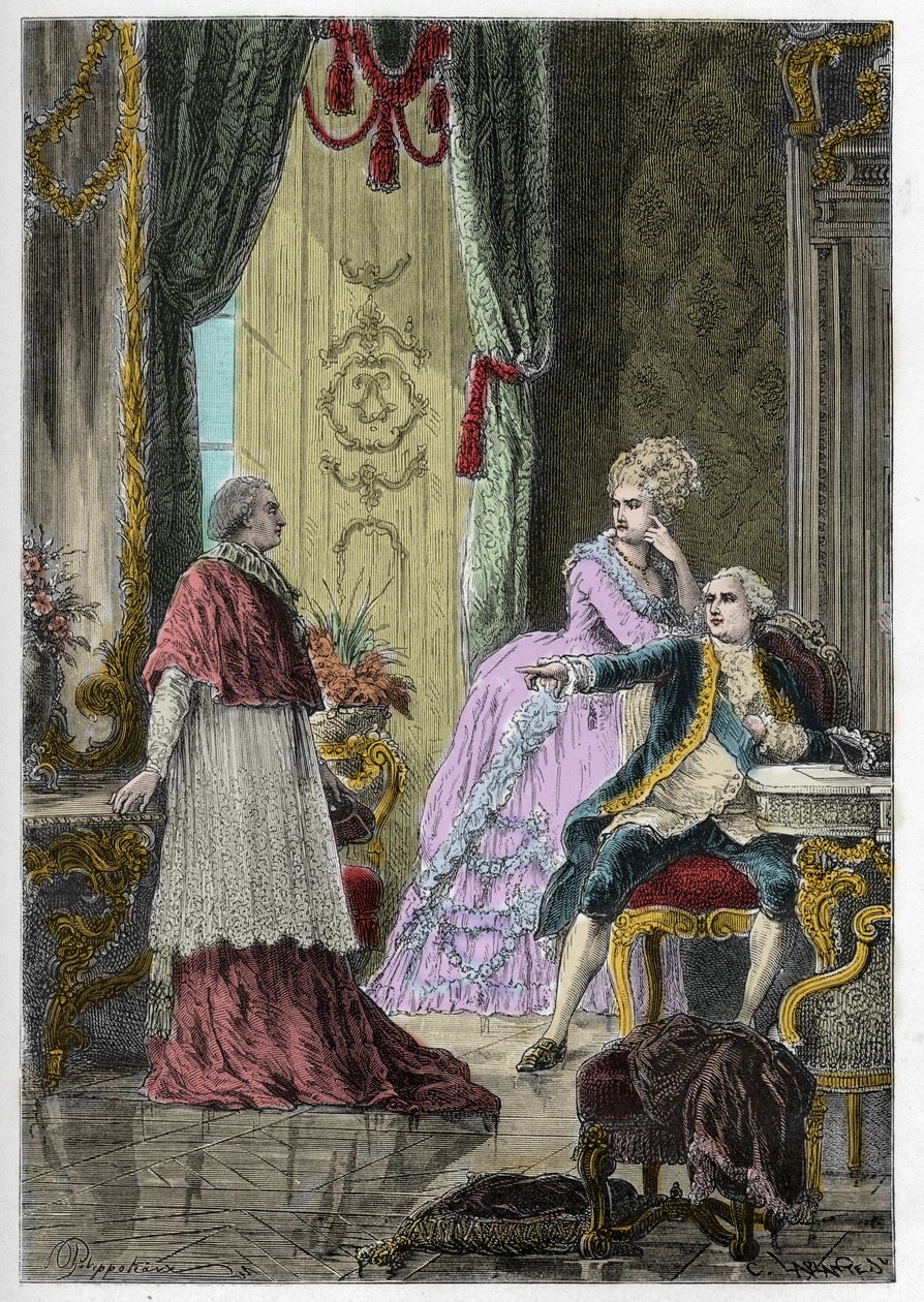 Kraliçe'nin Kolyesi Meselesi (1785-1786): Kardinal Louis Rene Edouard de Rohan (1734-1803), Kral XVI. Louis (1754-1793) ve Kraliçe Marie Antoinette'in (1755-1793) önünde by Anonymous Anonymous