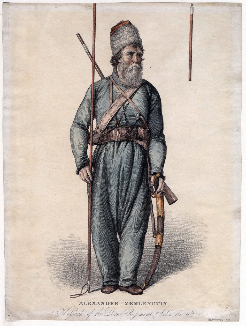 Alexander Zemlyanukhin, Don Alayı'nın kazağı - Anonim - yaklaşık 1813 - Gravür, suluboya - 34,3x25,3 - Özel Koleksiyon by Anonymous Anonymous
