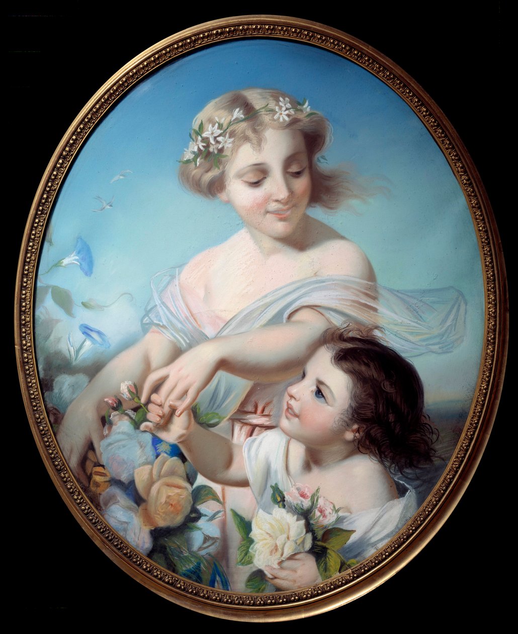 Yaz alegorisi Bir anne ve torunu çiçek buketleri tutuyor. Anonim resim. 18. yüzyıl Rouen, Musee des Beaux Arts by Anonymous Anonymous