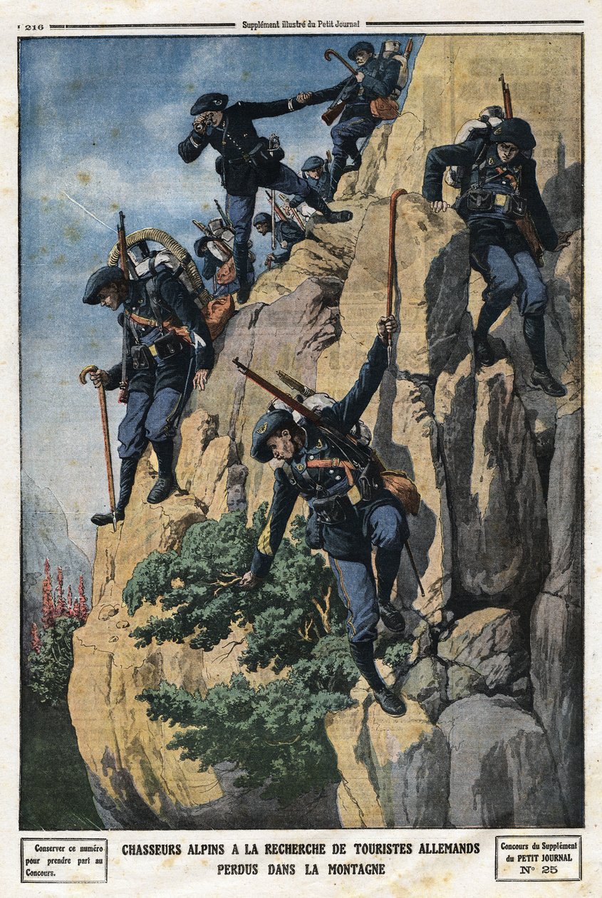 Alp avcıları kayıp Alman turistleri arıyor. Chartreuse masifinin Nero (Helmet du Nero) dağına gitmek istediler. Gravür, 7/07/1912 tarihli “” Le Petite Journal””. Özel koleksiyon. by Anonymous Anonymous