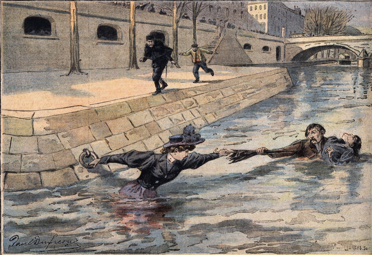 Ustaca bir kurtarma: Kutsal Baba'nın köprüsünün yakınında, nehirde çöken bir kadın, başka bir kadına yardım eden bir adam tarafından kurtarılır. “Le Petite Parisien” gazetesinden gravür, 8/03/1908. Özel koleksiyon. by Anonymous Anonymous