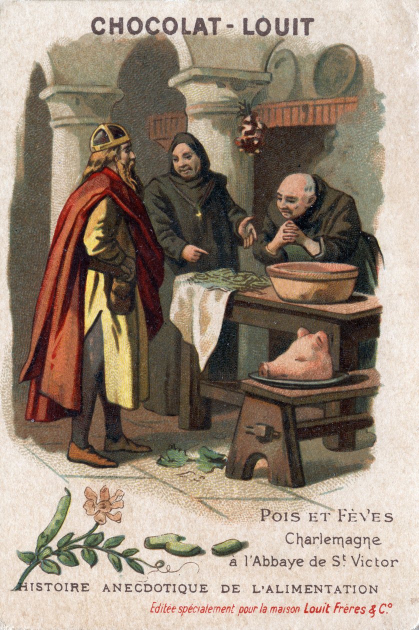 Yiyeceklerin anekdot tarihi: bezelye ve ateş. Charlemagne (Charles I, Charles the Great olarak bilinir, 742-814), bezelyeleri dikkat çekici bir şekilde hazırlayan Saint Victor Manastırı keşişlerinden tarifi ister. Chocolate-Louit kromolitografisi, 19. yüzy by Anonymous Anonymous
